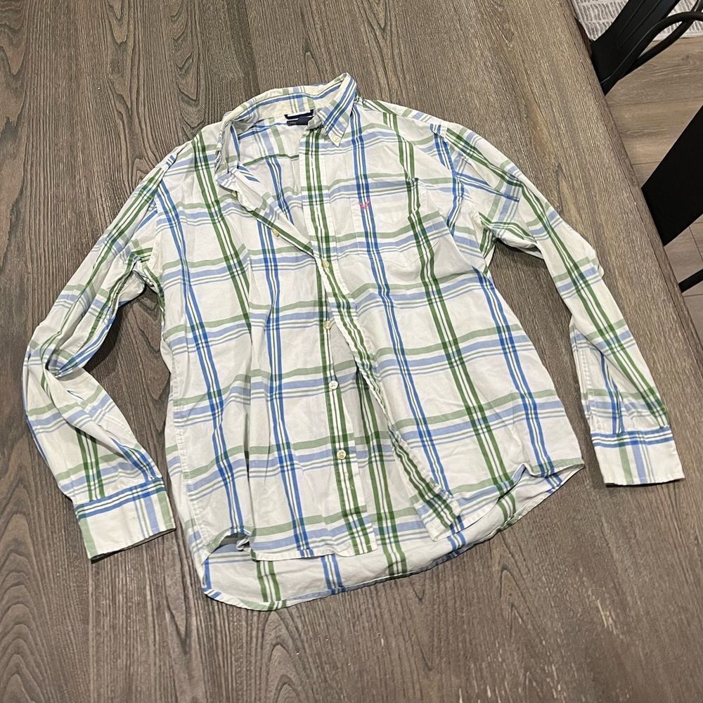 American Eagle White Blue Plaid Button Front Long Sleeve Shirt Size M
